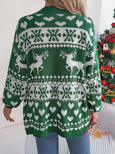 Christmas Deer Pocket Long Sleeve Sweater Coat