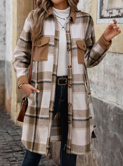 Women Long Sleeve Plaid Shirt Coat