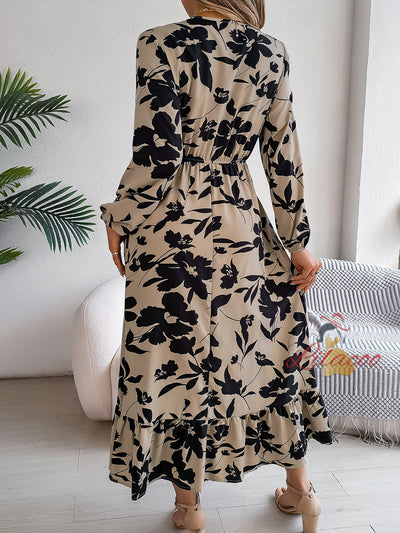 Leisure Flower Long Sleeve Ruffled Dress