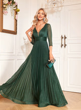 Green Short Sleeve V-neck Pleats Prom Dress