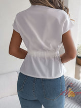 Casual Solid Color Button Drawstring Short Sleeve Shirt