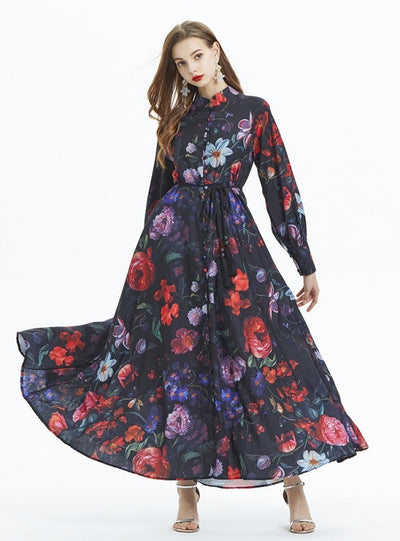 Retro Lantern Sleeve Printed Ruffled Dress