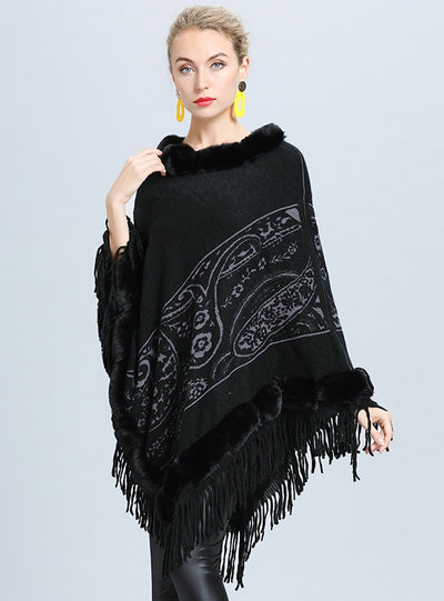 Fur Collar Jacquard Cloak Fringed Shawl