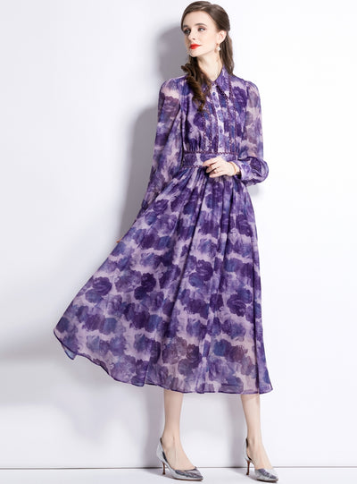 Long Sleeve Lapel Slim Printed Dress