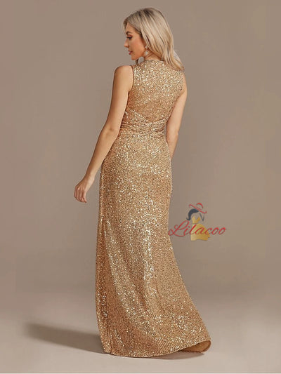 Champagne Sequins V-neck Split Prom Dress