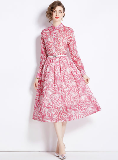 Printed Butterfly Long Sleeve Belt Slim Dress