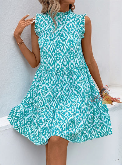 Round Neck Printed Sleeveless Vest Dress