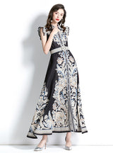 Palace Style Lapel Sleeveless Print Long Dress