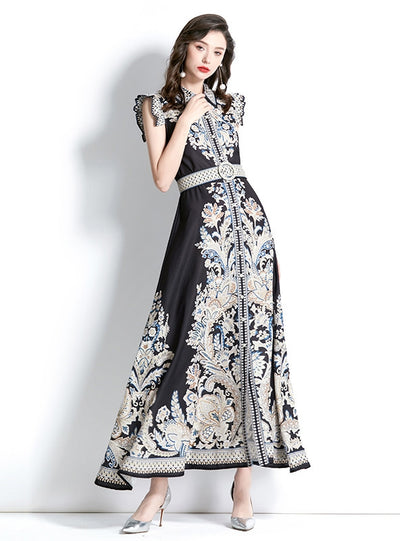 Palace Style Lapel Sleeveless Print Long Dress