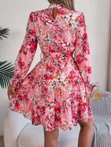 Stand-up Collar Flower Long Sleeve Dress