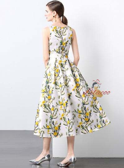 Summer Sleeveless High Waist Printed Dress