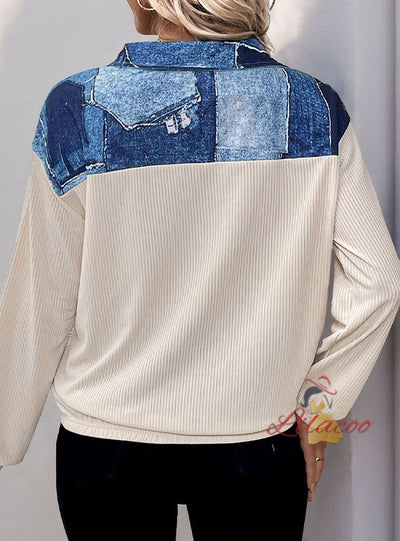 Contrast Stitching Lapel Zipper Long Sleeve Top