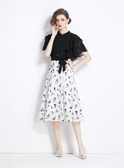 Retro Black Mosaic Floral Short Sleeve Dress