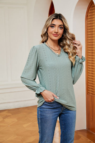 Lace V-neck Loose Long Sleeve T-shirt