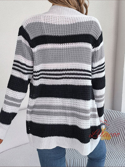 Contrast Striped Pocket Long Sleeve Sweater Coat