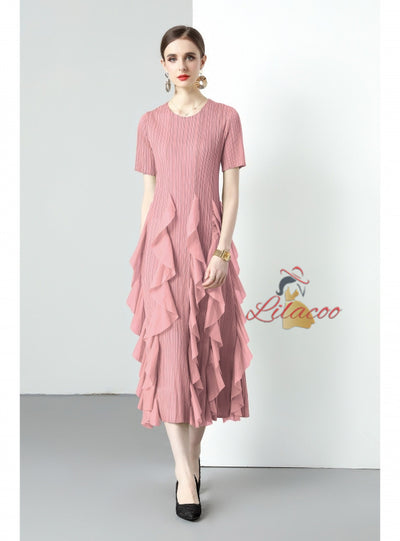 Short-sleeved Slim Ruffled Round Neck Dress