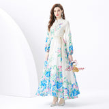 Retro Stand-up Collar Single-breasted Printed Long Dress