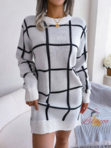 Casual Contrast Plaid Long Sleeve Sweater Dress