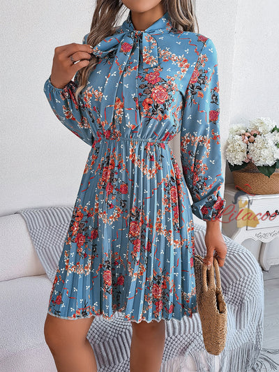 Flower Silm Waist Long Sleeve Pleated Dress