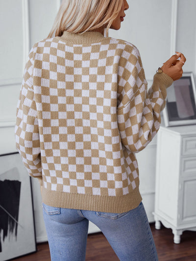 V-neck Pullover Plaid Loose Long Sleeve Sweater