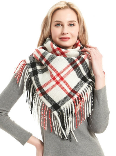 Fringed Square Scarf Black and White Plaid Shawl