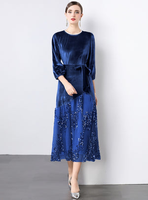 Lace Sequins Stitching Velvet Dress