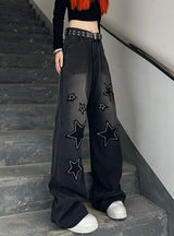 Retro Patch Loose Straight Wide-leg Pants Jeans