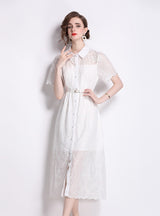 Solid Color Cotton Embroidered Short Sleeve Dress