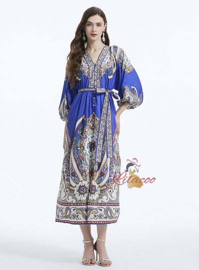 V-neck Lantern Sleeve Retro Long-sleeved Dress