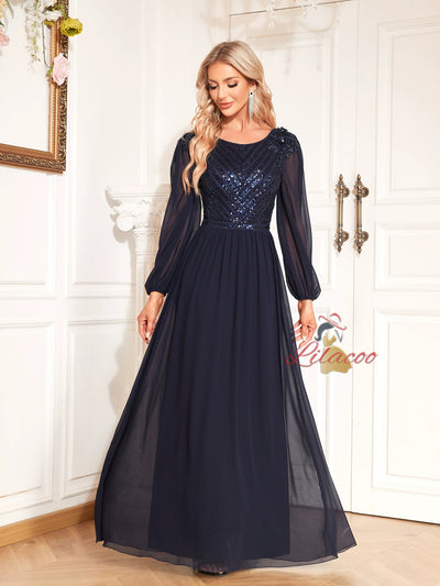 Navy Blue Chiffon Long Sleeve Prom Dress