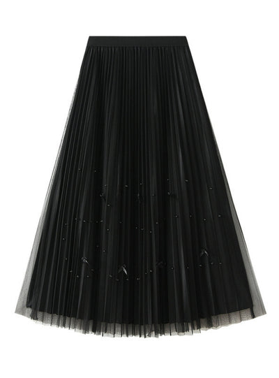 Mesh Beaded Bow Pleated Skirt