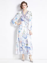 Printed V-neck Slim Long Dress