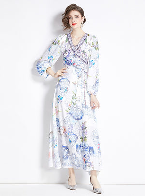 Printed V-neck Slim Long Dress