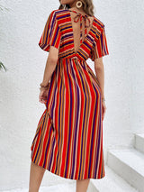 Color Striped Casual V-neck Button Dress