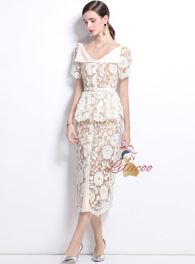 Lapel Short Sleeve Lace Slim Waist Dress