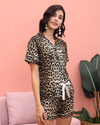 Sexy V-neck Leopard Print Short Sleeve Two-piece Suit