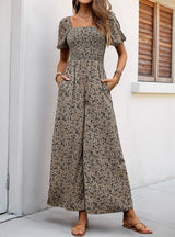 Square Collar Puff Sleeve Wide-leg Printed Jumpsuit