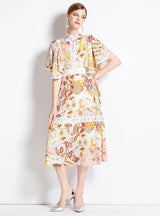 Lotus Leaf Sleeve Slim Waist Print Dress