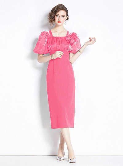 Square Neck Short Sleeve Pleats Dress