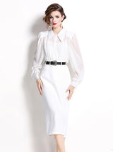 Bubble Sleeve Rhinestone Shirt High Waist Skirt Suit