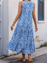 V-neck Button Printed Sleeveless Dress