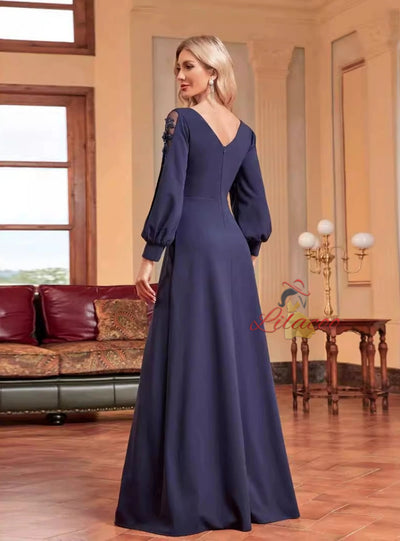 Navy Blue Long Sleeve Beading Prom Dress