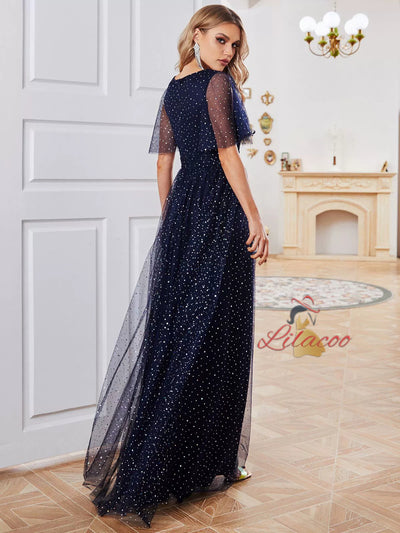 Navy Blue Tulle Sequins V-neck Prom Dress