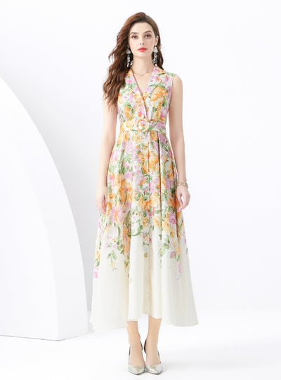 Sleeveless V-neck Printed Long Dress