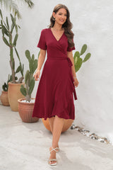 V-neck High Waist Short Sleeve Dress