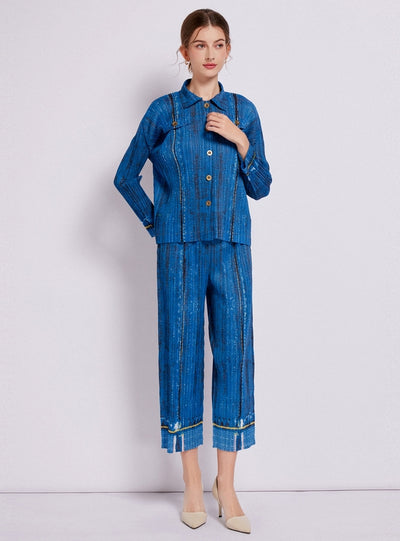 Denim Printed Pleated Jacket Pants Two-piece Suit