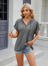 Solid Color Hooded Button Loose Short Sleeve T-shirt