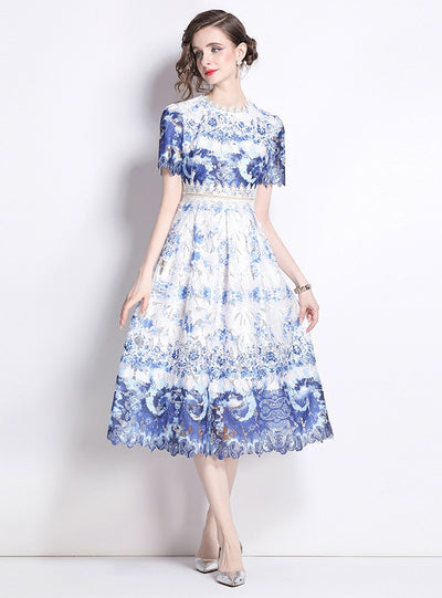 Slim and Hollow Lace Print Medium Length Dress