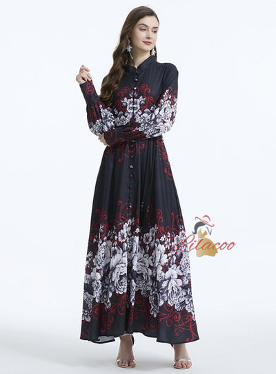 Palace Style Retro Lantern Sleeve Printing Ruffled Dress