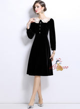 Retro Slim Waist Velvet Long Sleeve Dress